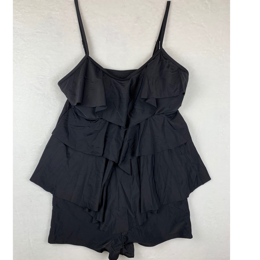 NWOT Black Tiered Ruffle Tankini Set Adjustable Straps Boy Shorts 2XL